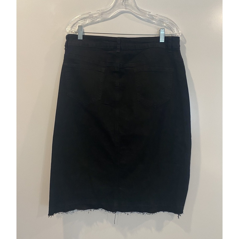 Ashley Stewart Black Denim Ruffle Front Distressed Skirt Size 12 Frayed Hem - Picture 2 of 5